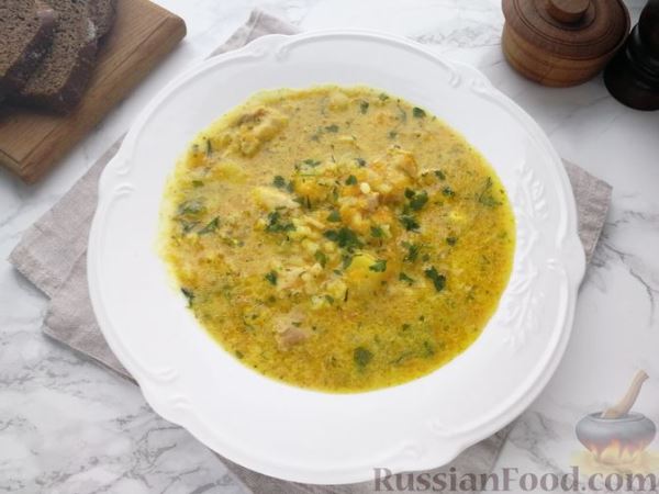 Куриный суп с тыквой, плавленым сыром и рисом